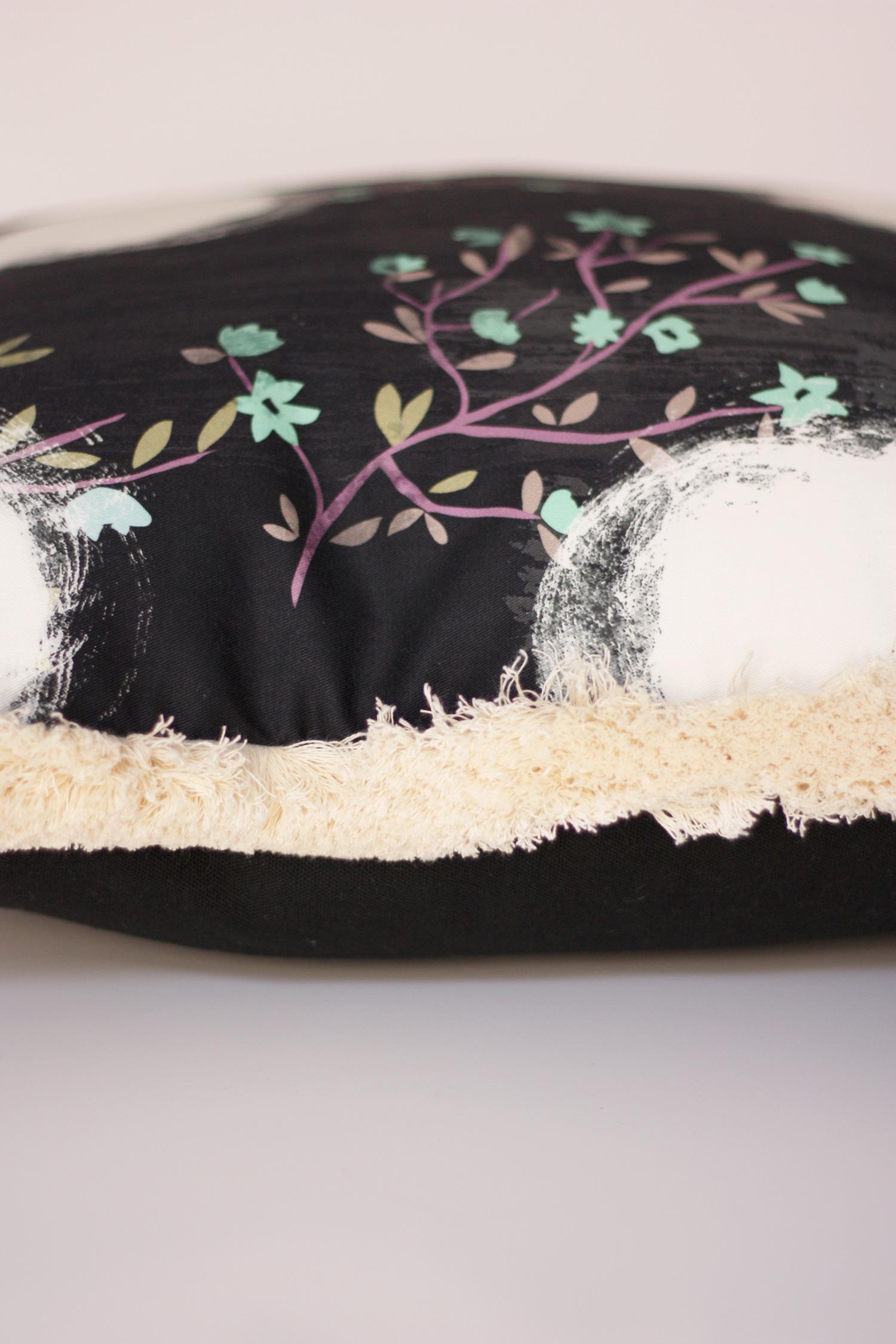 Patchwork JAPANDI Black Printed Decorative Pillow For Sale