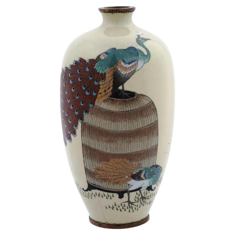Antique Meiji Japanese Cloisonne Enamel With Pair of Peacocks For Sale