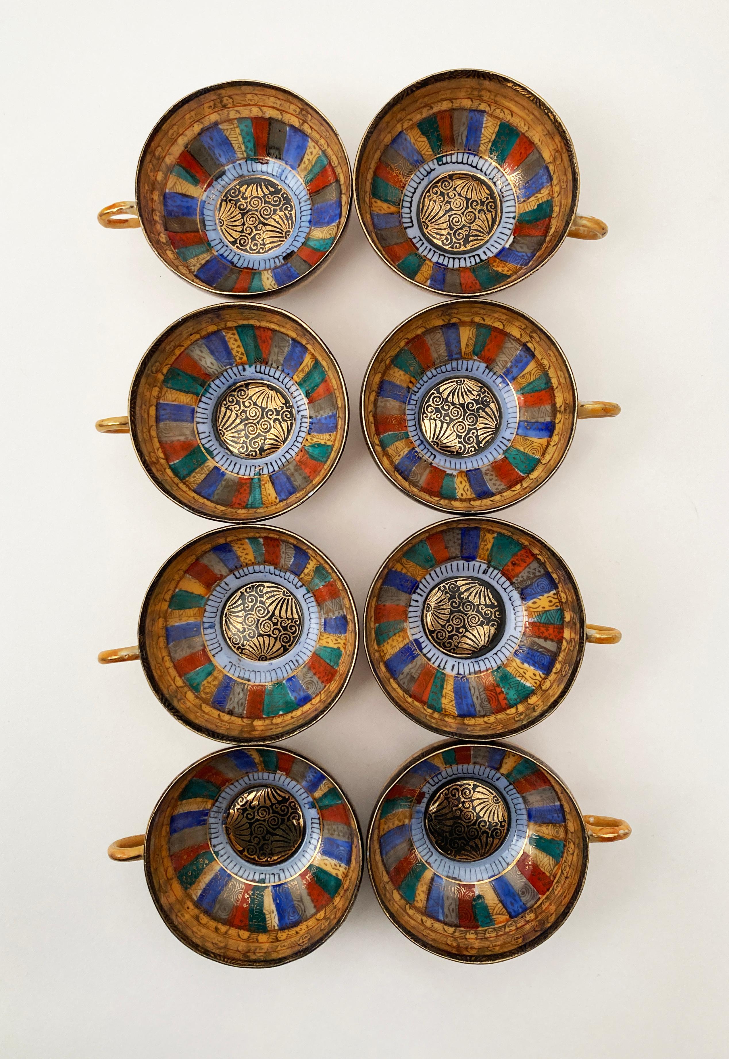 20th Century Japanese, 1000 Faces Series, Hand Painted Porcelain, 8 Cups, 8 Snack Plates For Sale