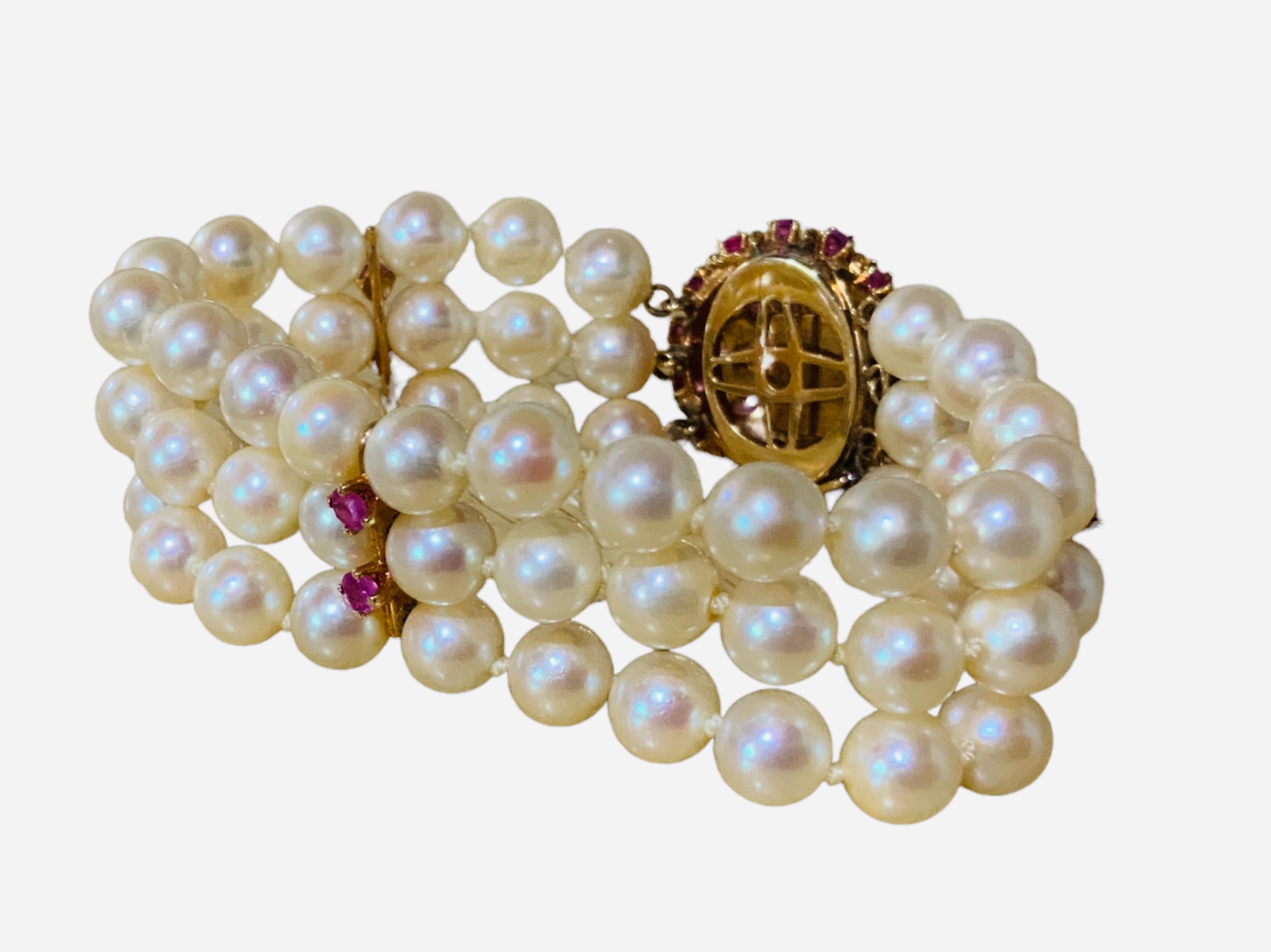Retro Japanese 14k Gold Culture Pearls and Rubies Bracelet For Sale