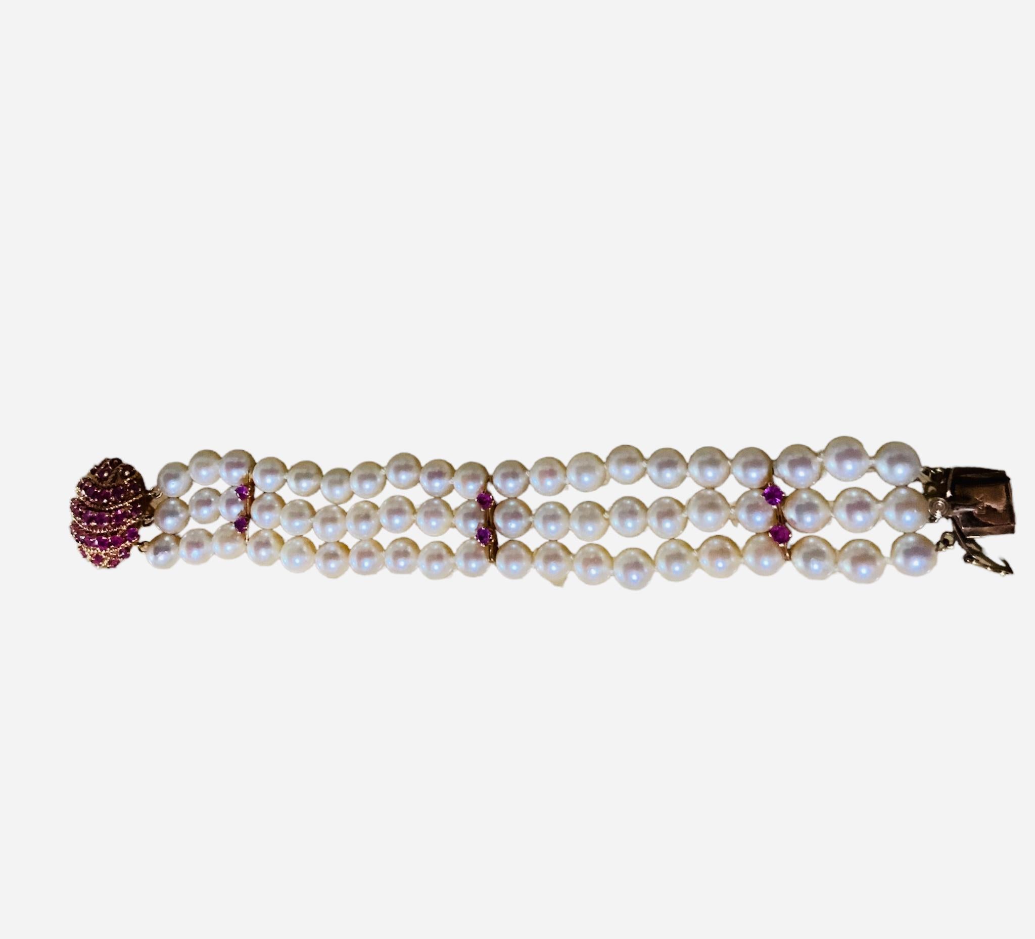 Single Cut Japanese 14k Gold Culture Pearls and Rubies Bracelet For Sale