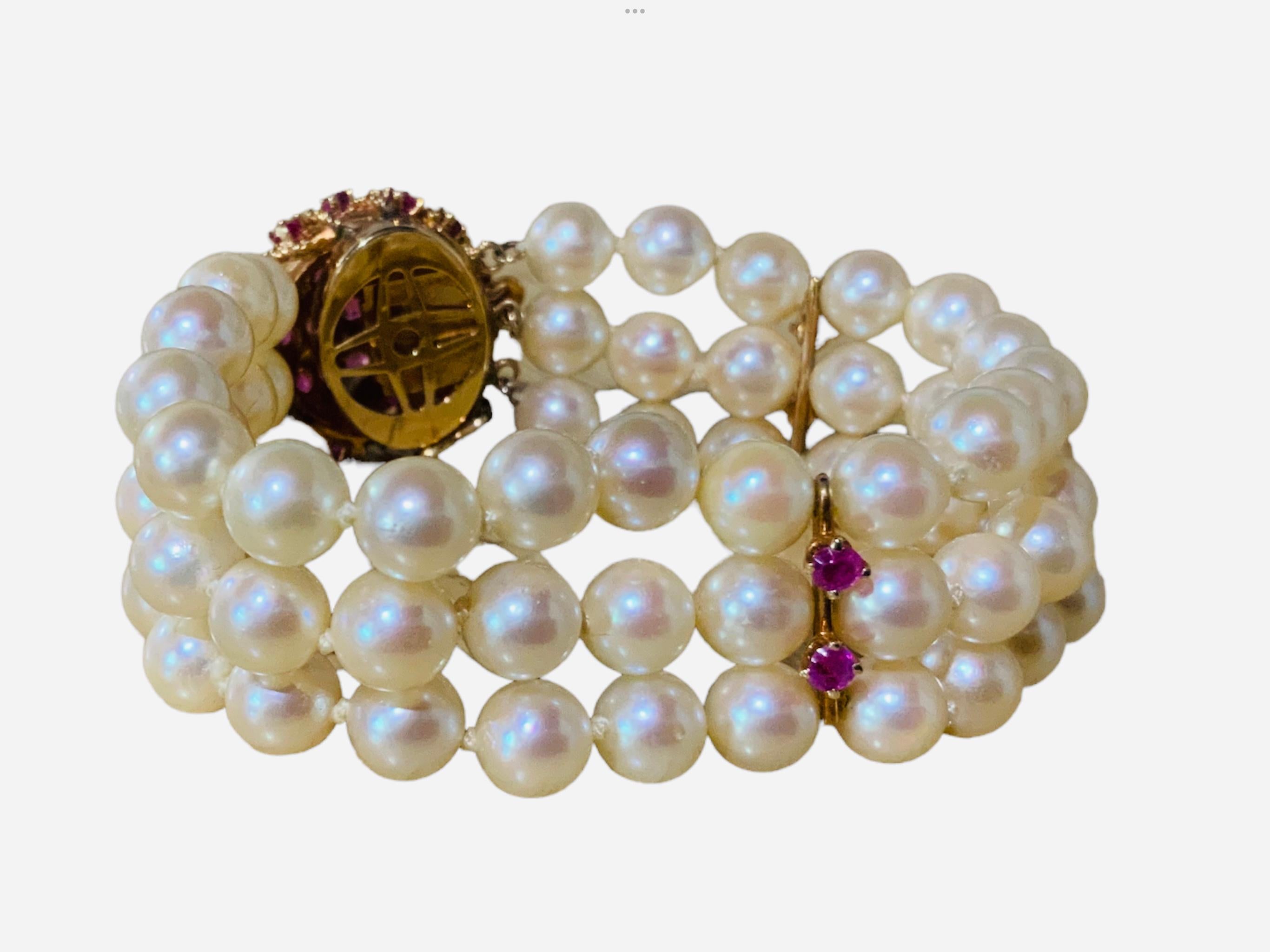 Women's Japanese 14k Gold Culture Pearls and Rubies Bracelet For Sale
