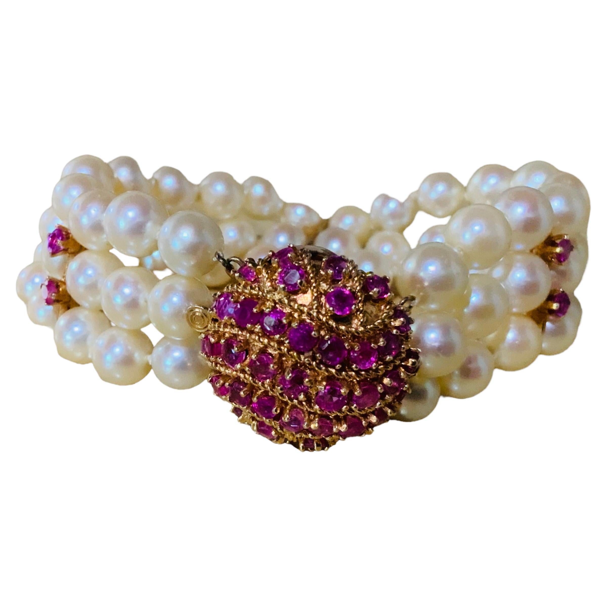 Japanese 14k Gold Culture Pearls and Rubies Bracelet For Sale