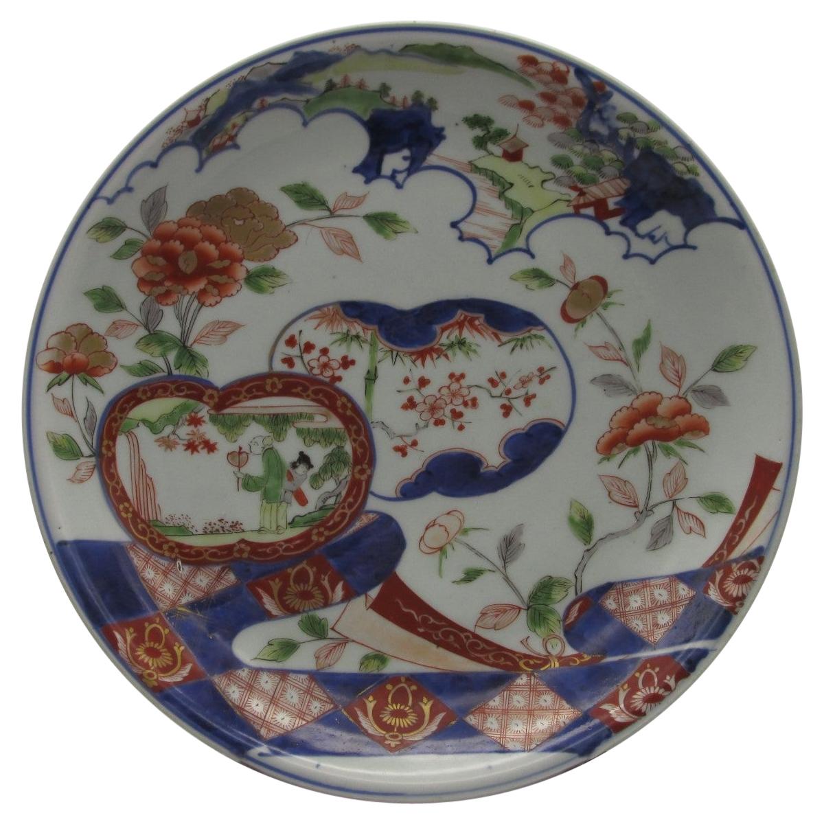 Japanese Edo Period Blue Red Green Porcelain Charger, circa 1730 For Sale