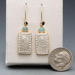 Japanese 1800's Silver Samurai Coin Ethiopian Opal 18K Gold Earrings
