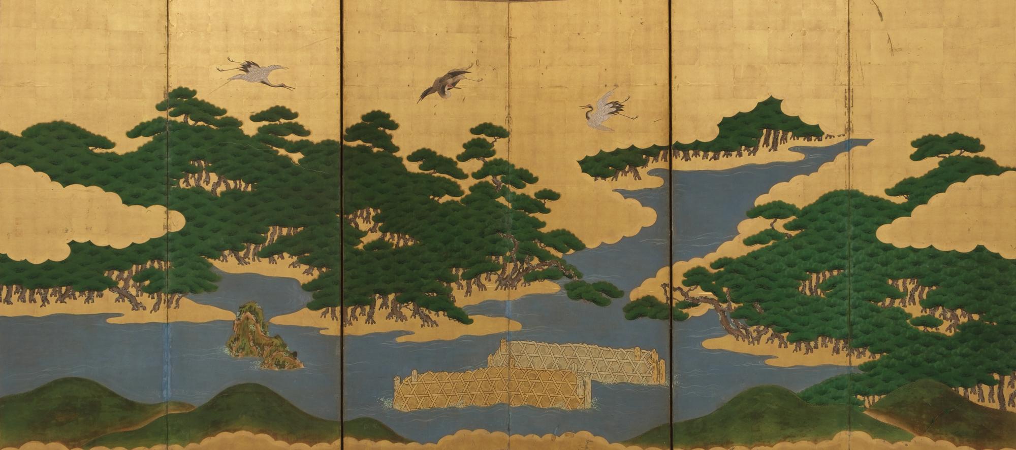 An incredible, late 18th century large six-panel byôbu (folding screen) with a refined Mori School painting on gold leaf of a dense pine tree forest (matsu) along the edges of a rocky winding river. In the middle of the river two small dams have