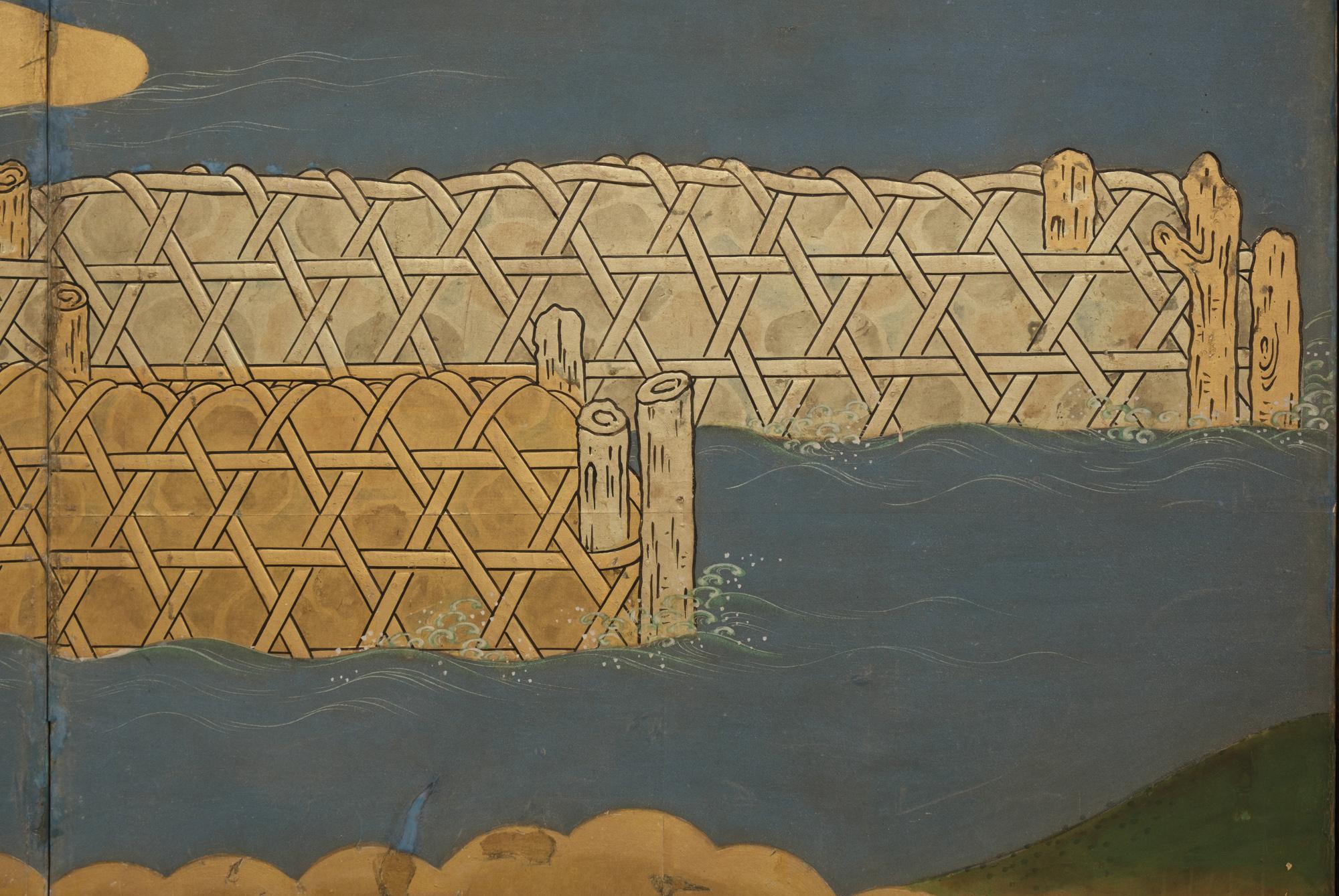 Hand-Painted Japanese 18th Century Large 6-Panel Folding Screen by Mori Yôshin 森陽信