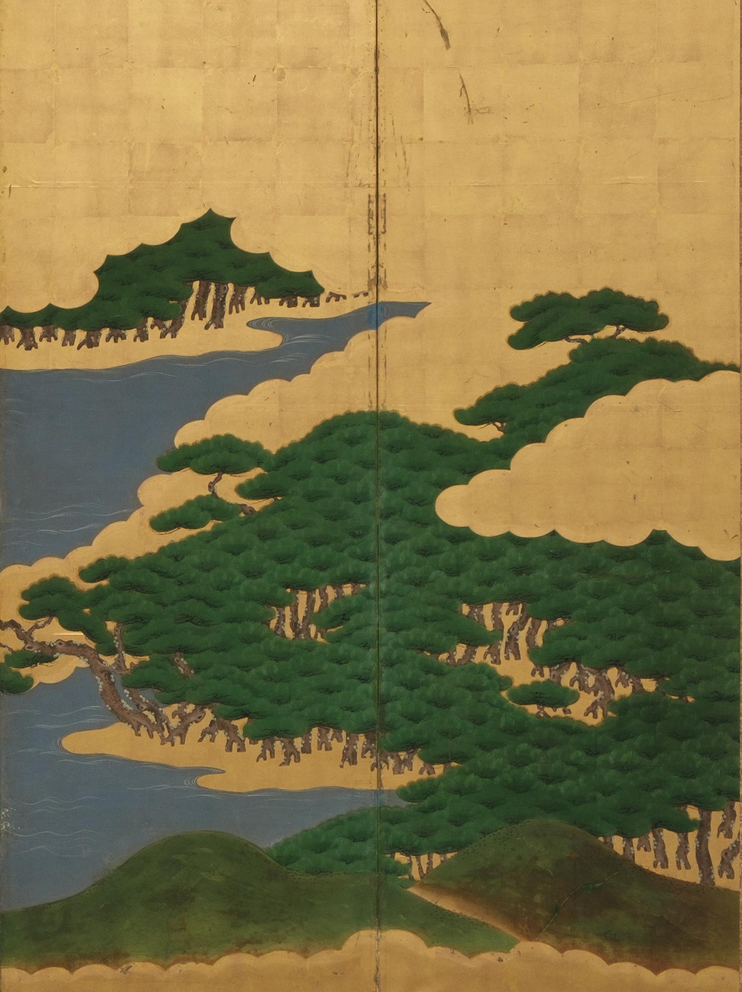 Silk Japanese 18th Century Large 6-Panel Folding Screen by Mori Yôshin 森陽信