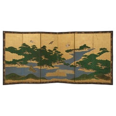 Antique Japanese 18th Century Large 6-Panel Folding Screen by Mori Yôshin 森陽信