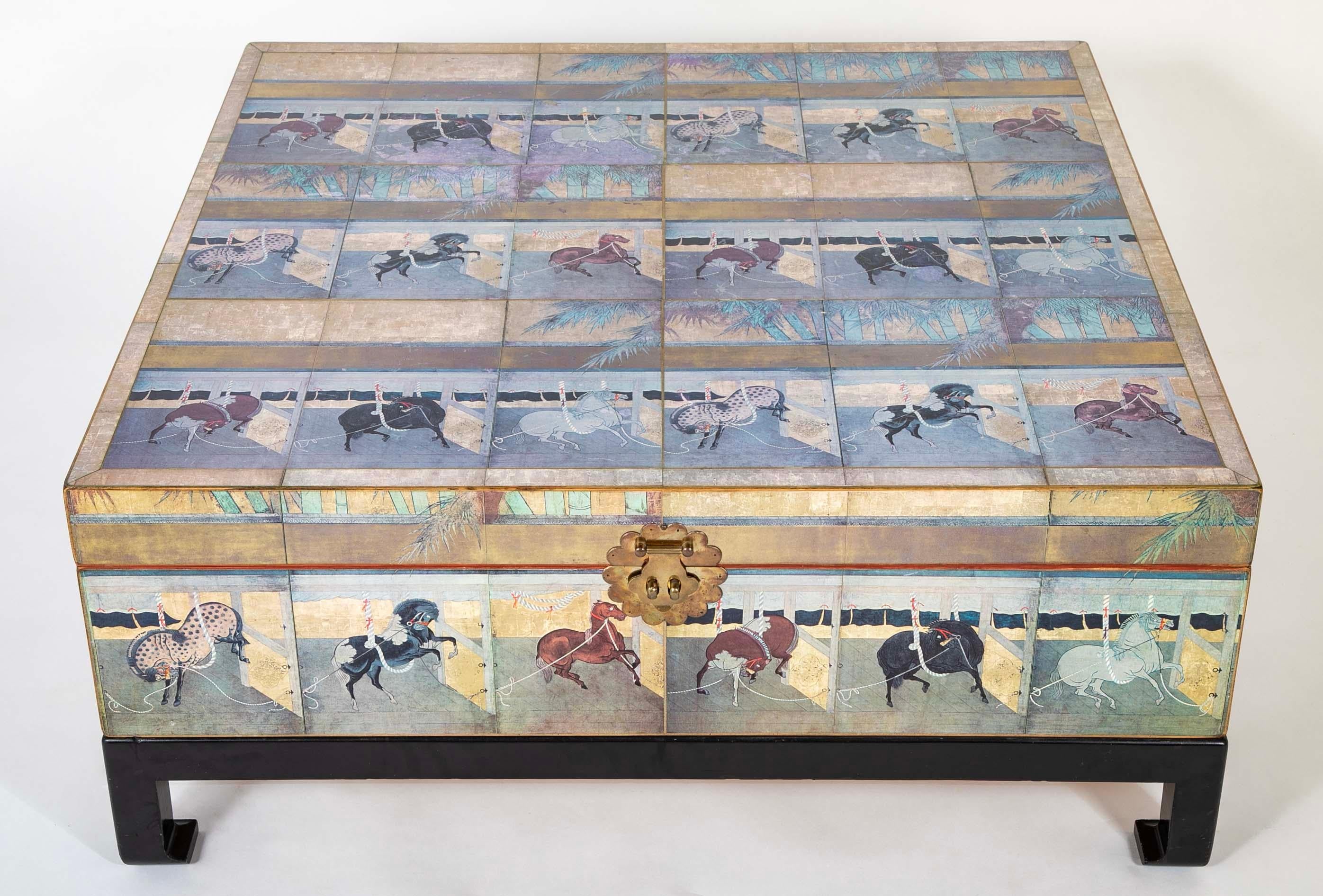 Mid-Century Modern Japanese 18th Century Style Lacquered Coffee Table With Scenes of Horses For Sale