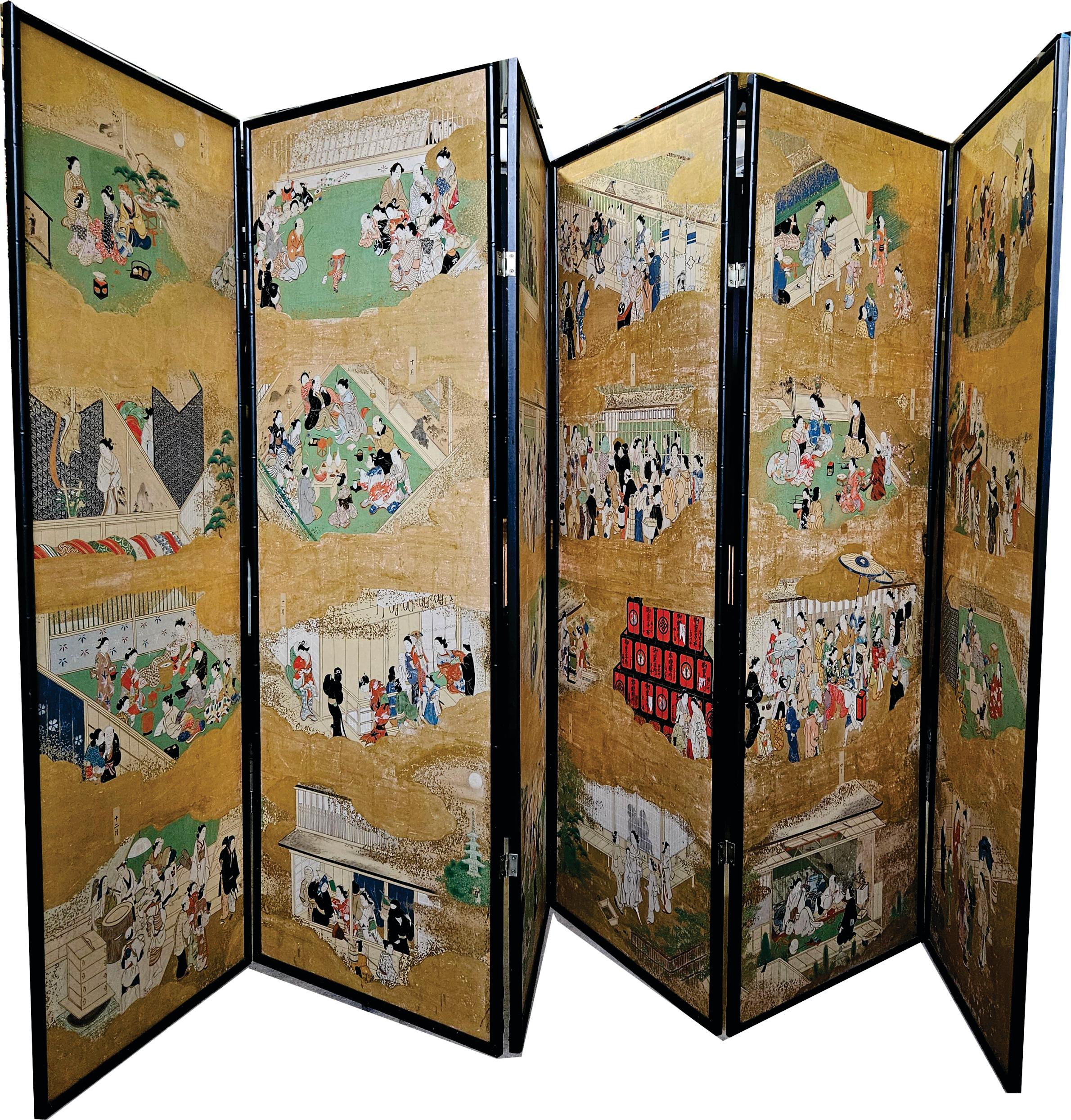 A Japanese 18th Century Tsukinami-e 6 Panel Floor Screen depicts the Activities of the Twelve Months of the Year,  mineral pigments on gold leaf, mounted on wood panels with 6 frames of faux bamboo forms and hinged together.  There are 6 panels