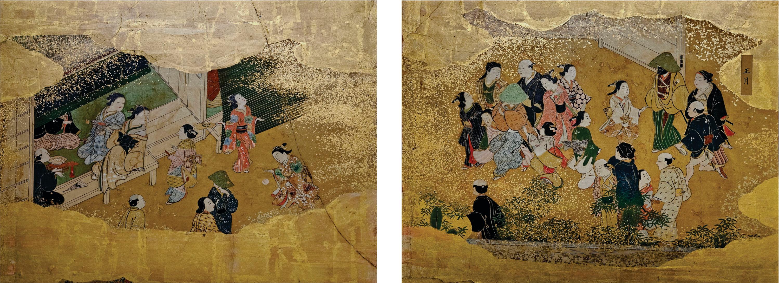 Hand-Painted Japanese 18th Century Tsukinami-e 6 Panel Floor Screen, Edo Period For Sale