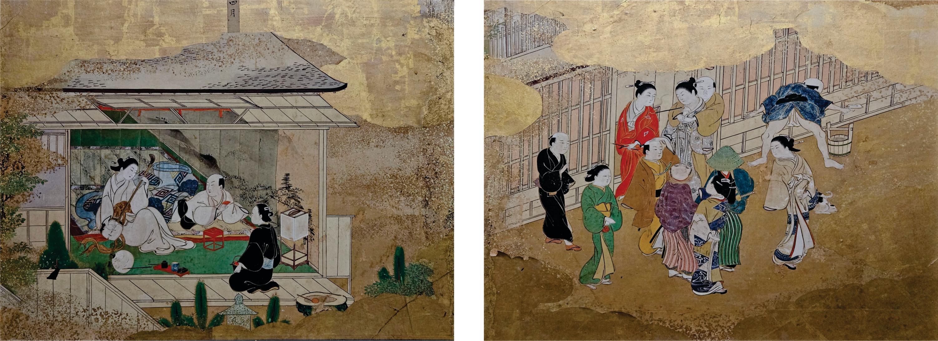 Gold Leaf Japanese 18th Century Tsukinami-e 6 Panel Floor Screen, Edo Period For Sale