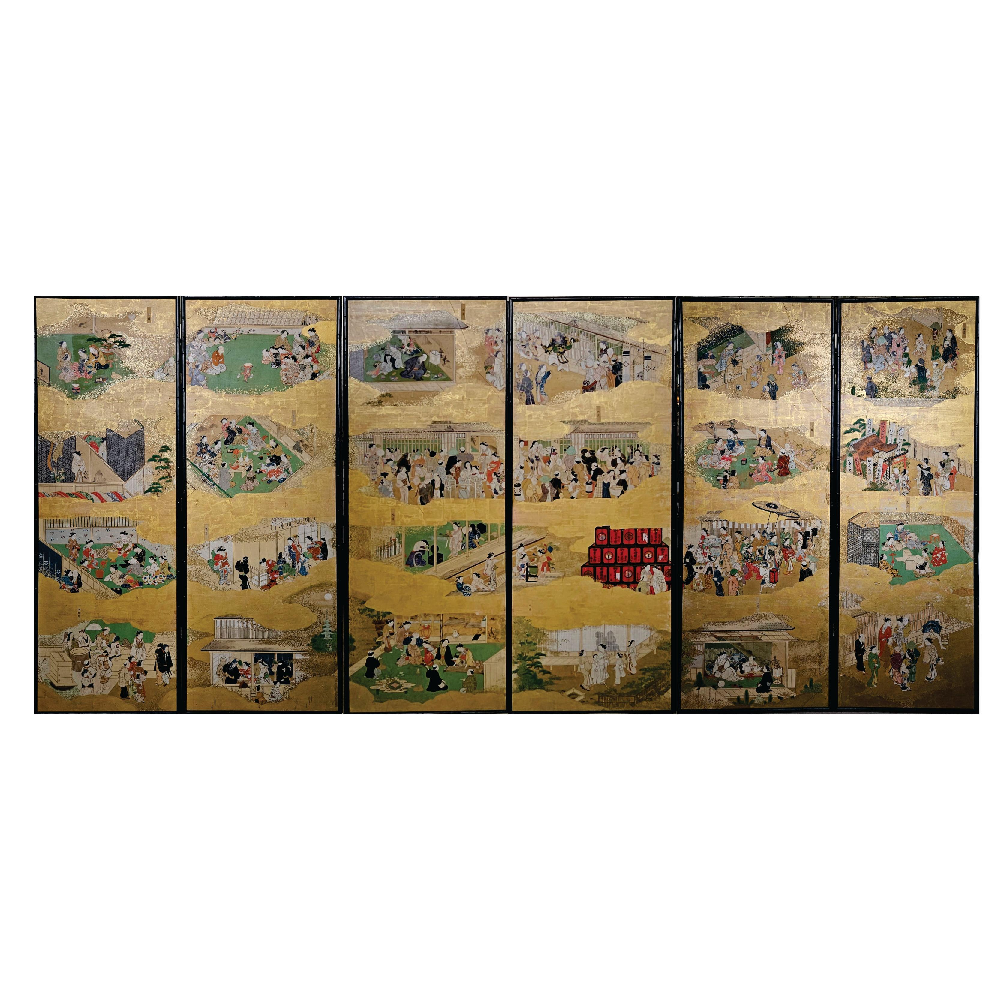 Japanese 18th Century Tsukinami-e 6 Panel Floor Screen, Edo Period For Sale