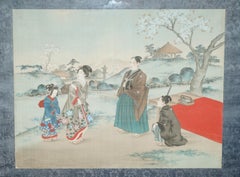 JAPANESE 1920 WOODBLOCK TRIPTYCH WATERCOLOUR PRINT GEiSHA GIRLS SAMURAI WARRIOR