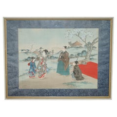 WOODBLOCK TRIPTYCH WATERCOLOUR PRINT GEiSHA GIRLS SAMURAI WARRIOR JAPANESE 1920