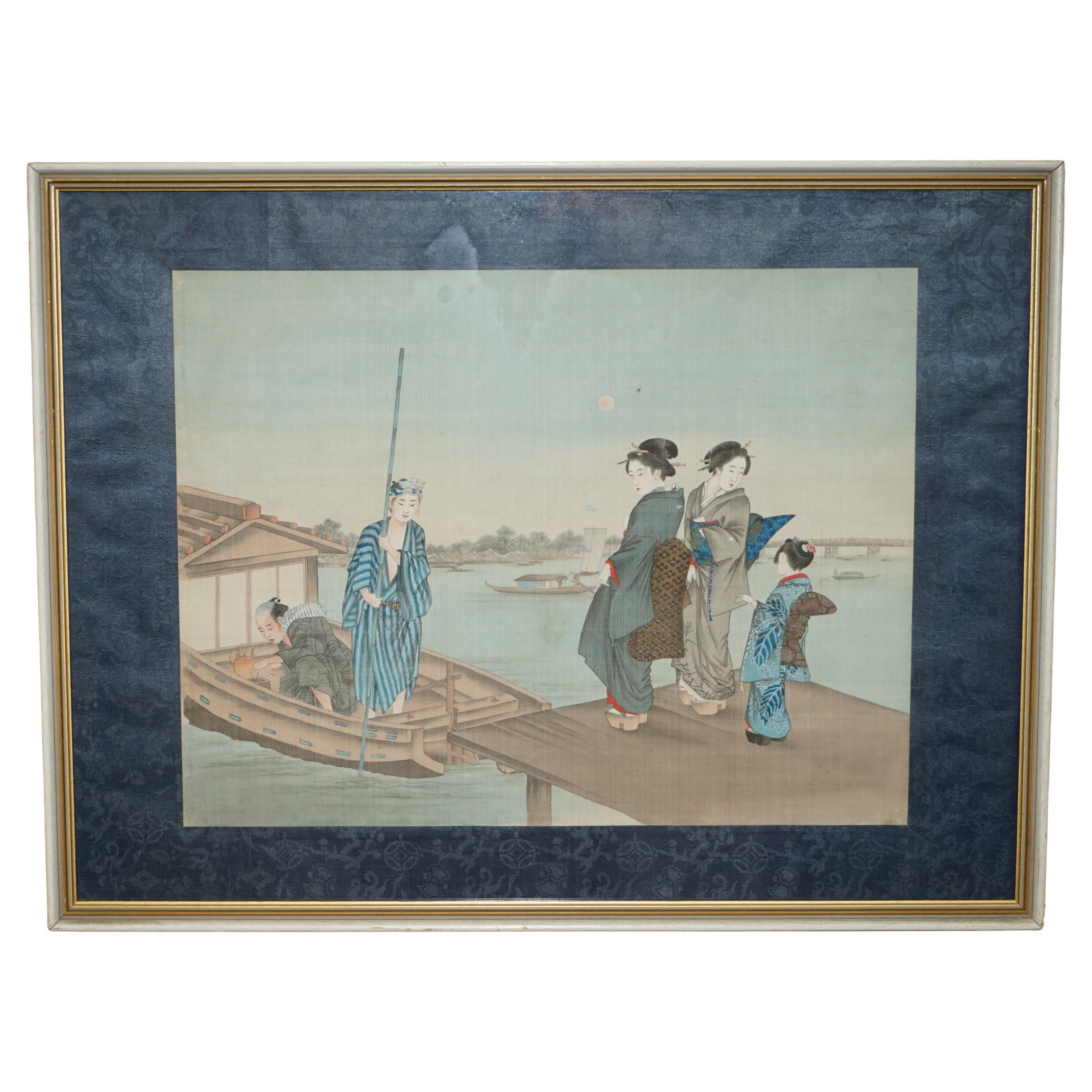 JAPANESE 1920 WOODBLOCK TRIPTYCH WATERCOLOUR PRiNT OF GEISHA GIRLS BOARING BOAT