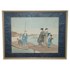 JAPANESE 1920 WOODBLOCK TRIPTYCH WATERCOLOUR PRiNT OF GEISHA GIRLS BOARING BOAT