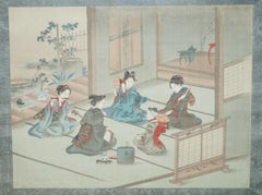 JAPANESE 1920'S WOODBLOCK TRIPTYCH WATERCOLOUR PRINT GEISHA GIRLS PLAYING MUSiC