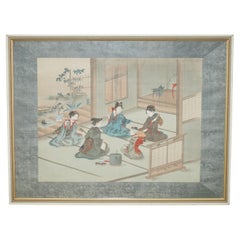 JAPANESE 1920'S WOODBLOCK TRIPTYCH WATERCOLOUR PRINT GEISHA GIRLS PLAYING MUSiC