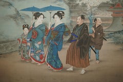 JAPANESE 1920'S WOODBLOCK TRIPTYCH WATERCOLOUR PRiNT OF GEISHA GIRLS AND SAMURAI