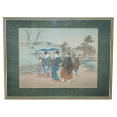 JAPANESE 1920'S WOODBLOCK TRIPTYCH WATERCOLOUR PRiNT OF GEISHA GIRLS AND SAMURAI