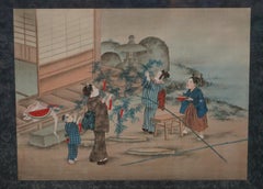 JAPANESE 1920'S WOODBLOCK TRIPTYCH WATERCOLOUR PRiNT OF GEISHA GIRLS GARDENING