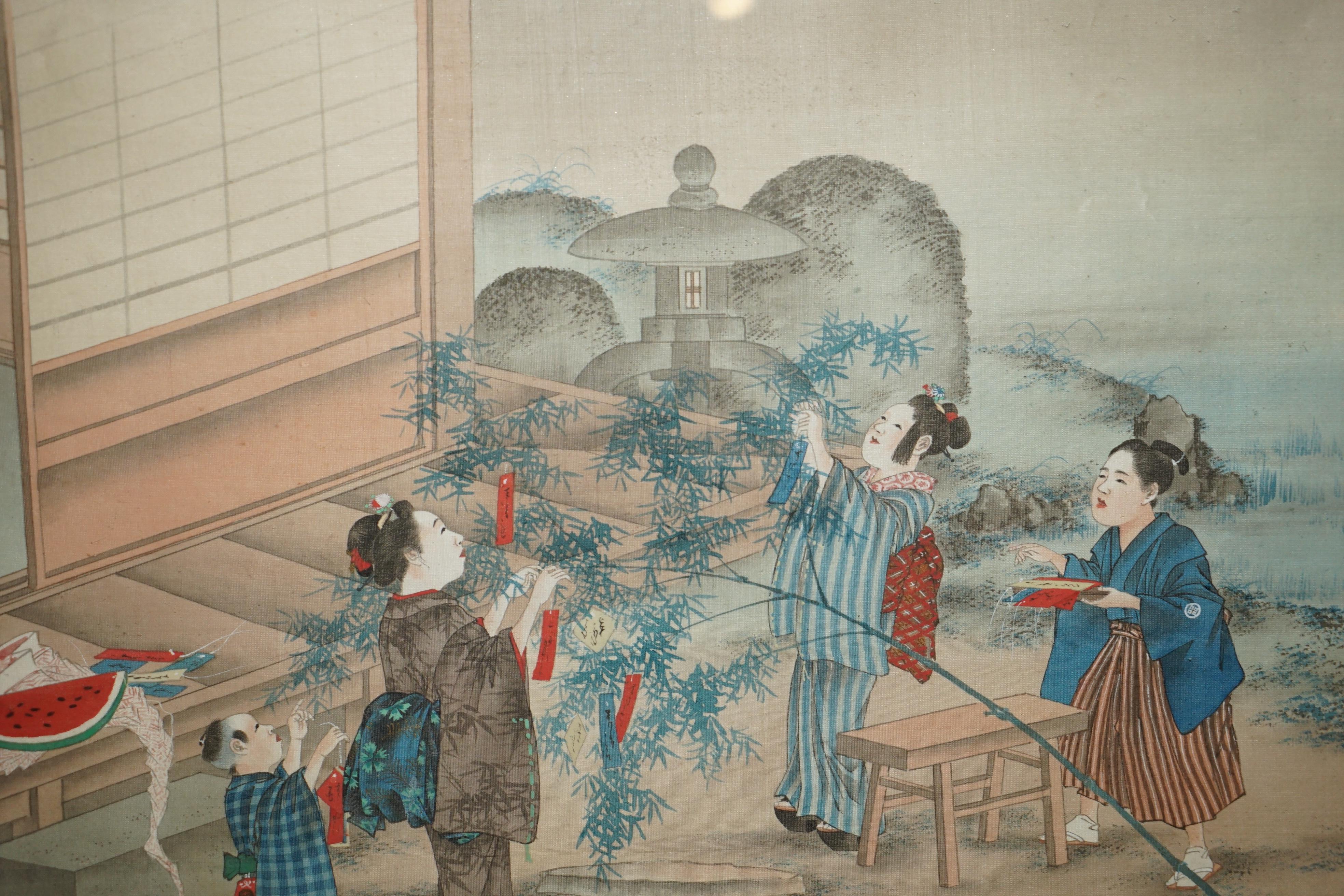 Fait main PRÉSENTATION WATERCOLOUR JAPONAISE DES ANNÉES 1920 DU BLOCK TRIPTYCH WATERCOLOUR DE GÉISHA GIRLS GARDENING en vente