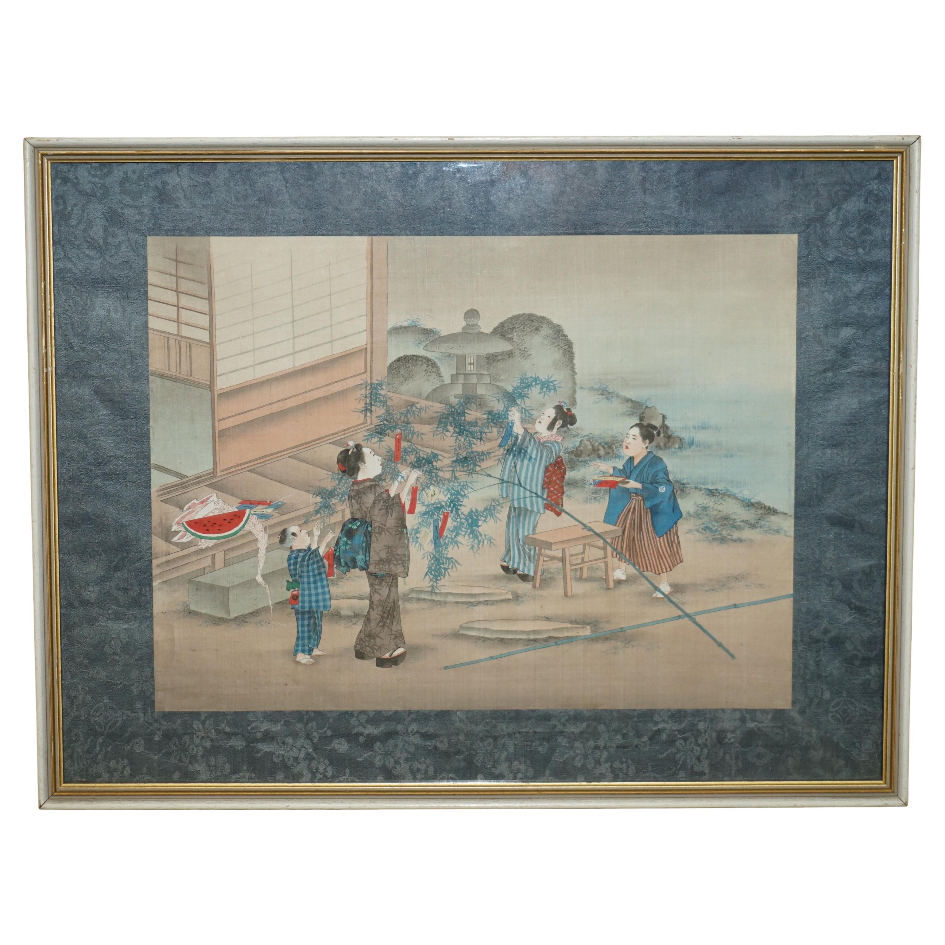 JAPANESE 1920'S WOODBLOCK TRIPTYCH WATERCOLOUR PRiNT OF GEISHA GIRLS GARDENING
