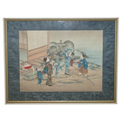 JAPANESE 1920'S WOODBLOCK TRIPTYCH WATERCOLOUR PRiNT OF GEISHA GIRLS GARDENING