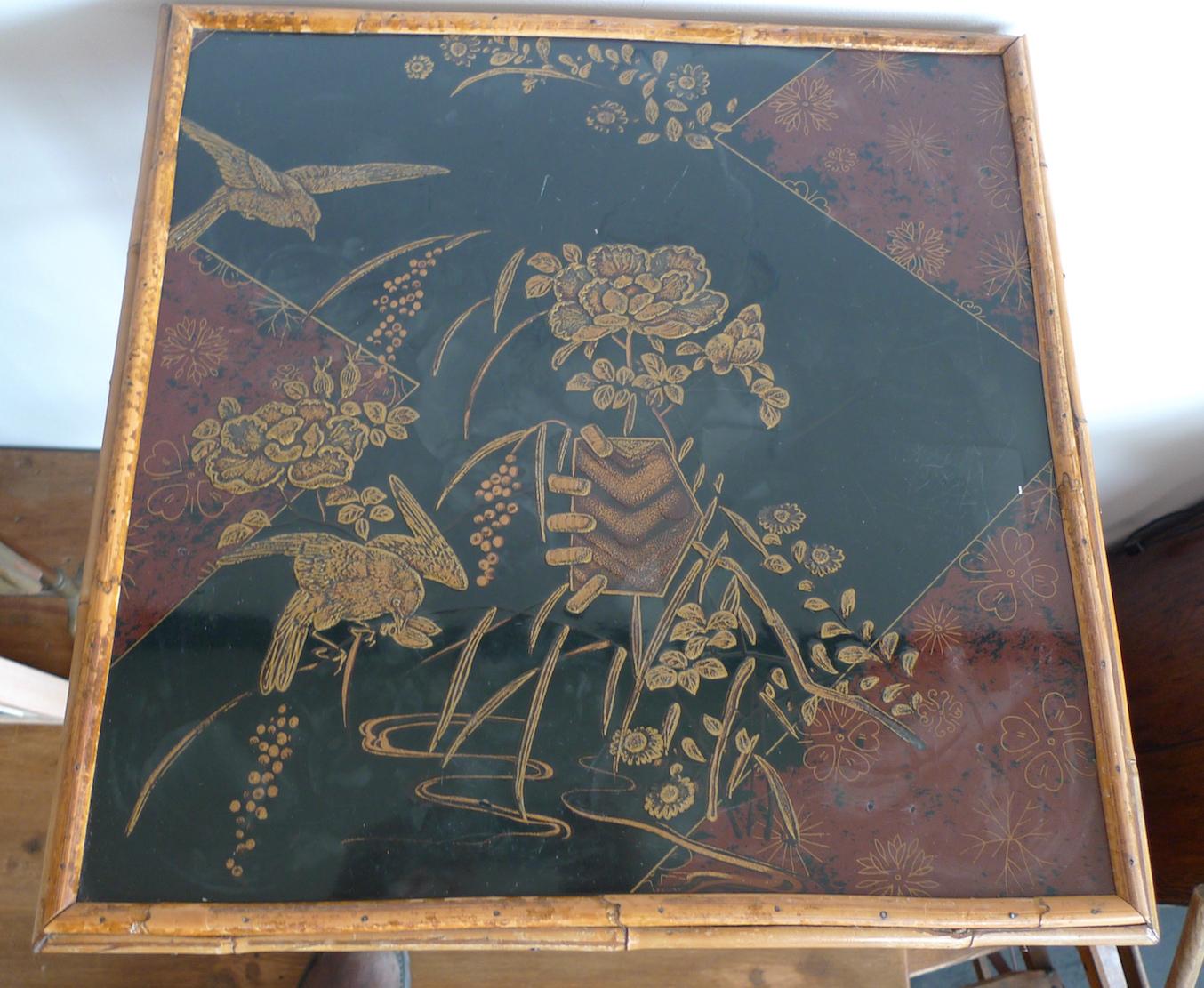Japanese 1940s Bamboo Side Table with Painted Inlay on Both Table Top Surfaces 5
