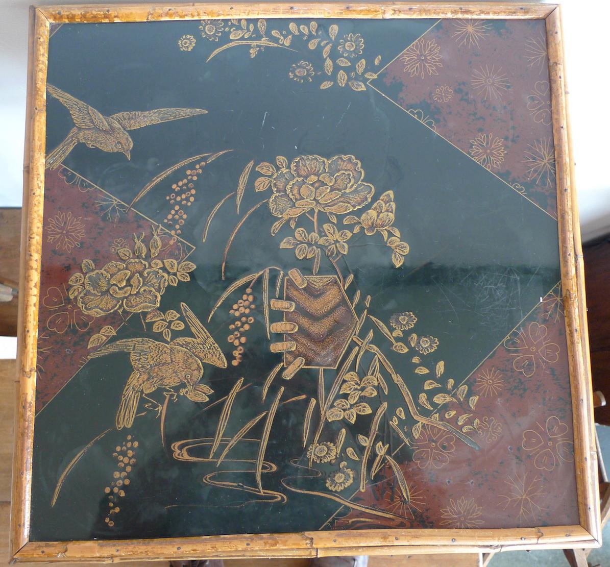 Japanese 1940s Bamboo Side Table with Painted Inlay on Both Table Top Surfaces 6