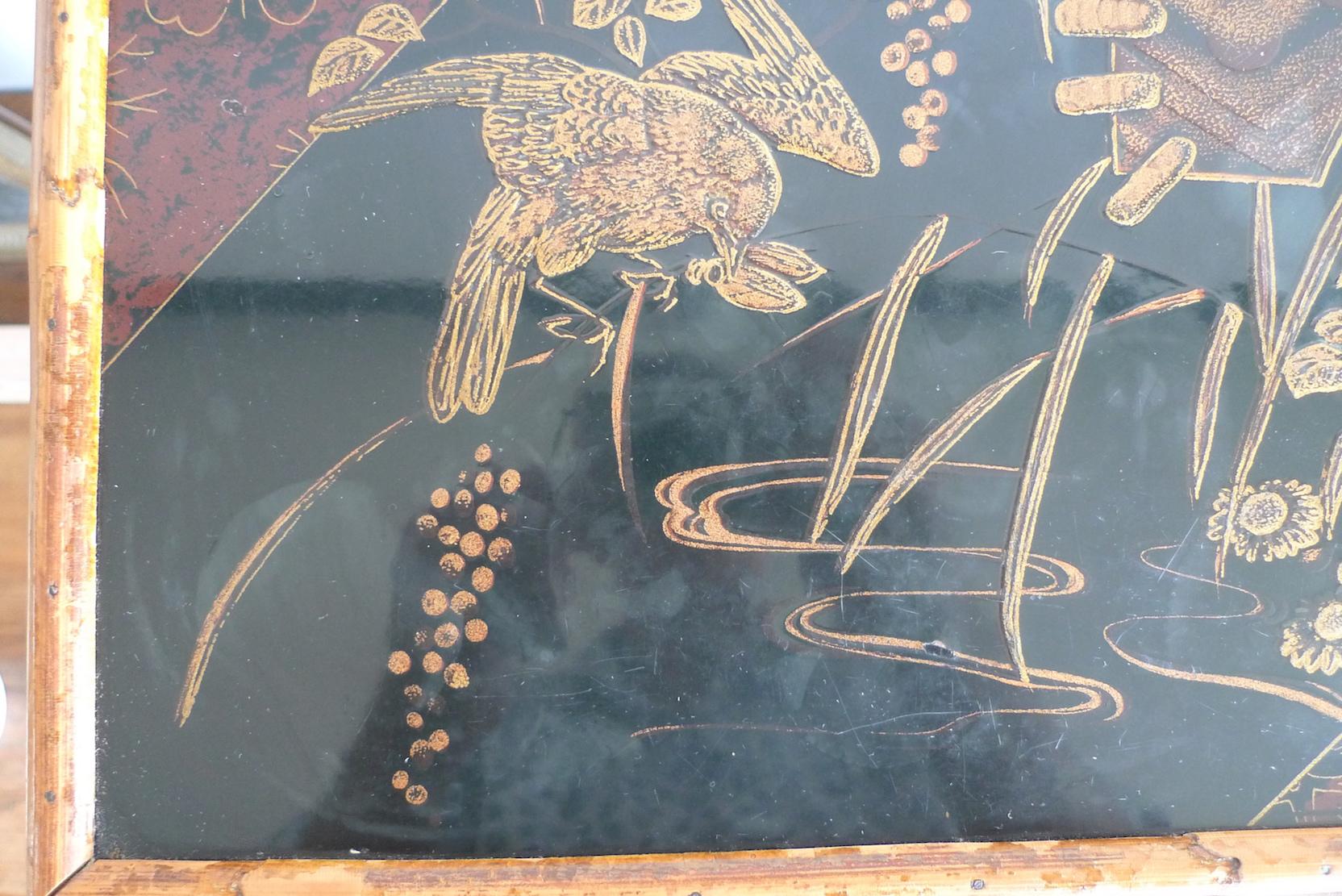 Japanese 1940s Bamboo Side Table with Painted Inlay on Both Table Top Surfaces 9