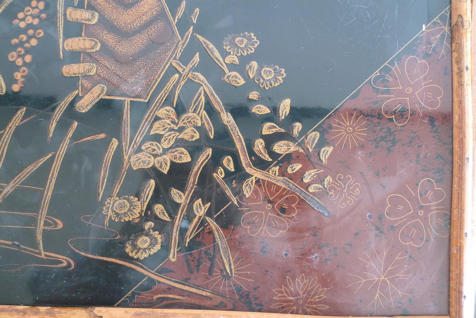 Japanese 1940s Bamboo Side Table with Painted Inlay on Both Table Top Surfaces 10