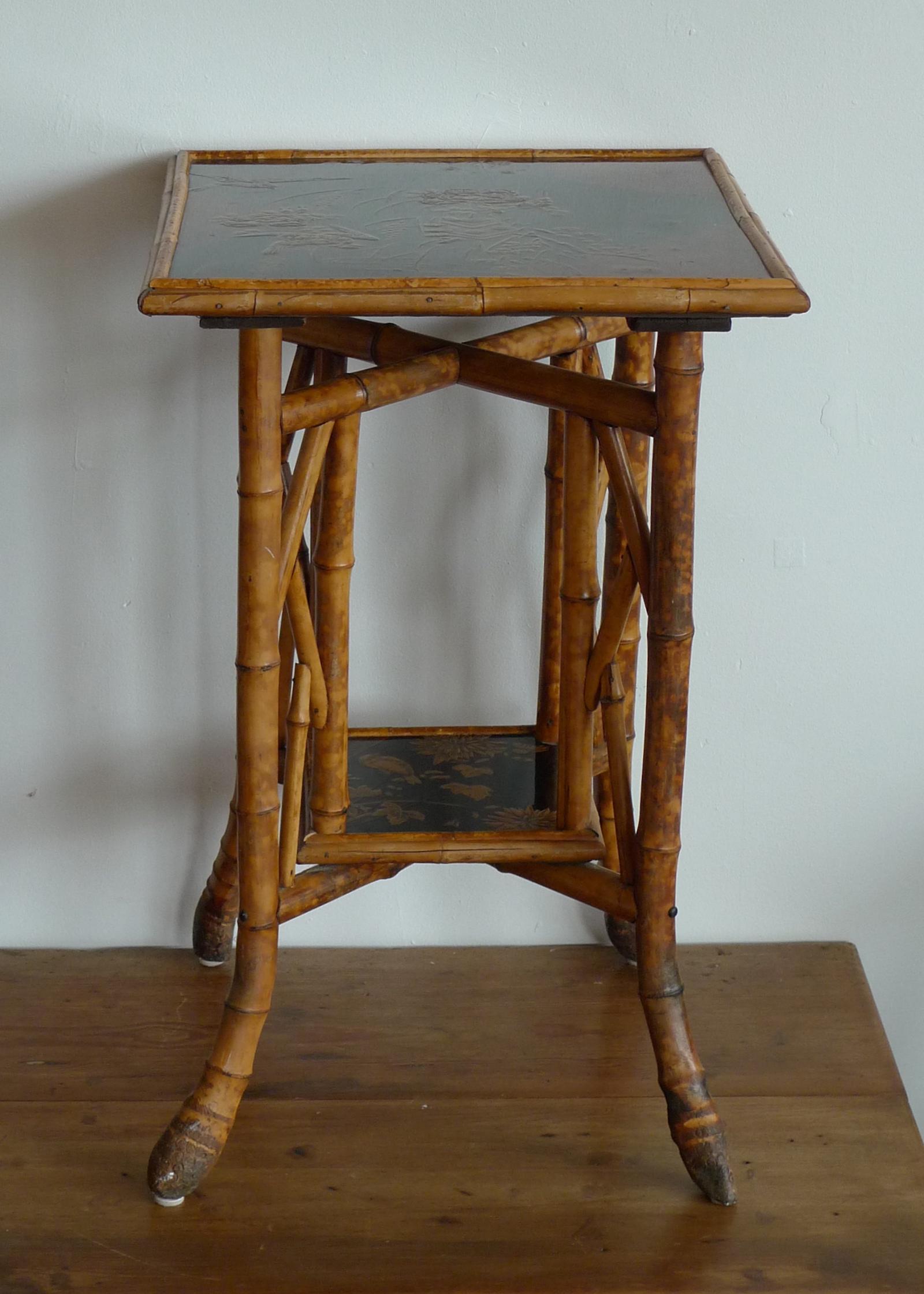 20th Century Japanese 1940s Bamboo Side Table with Painted Inlay on Both Table Top Surfaces