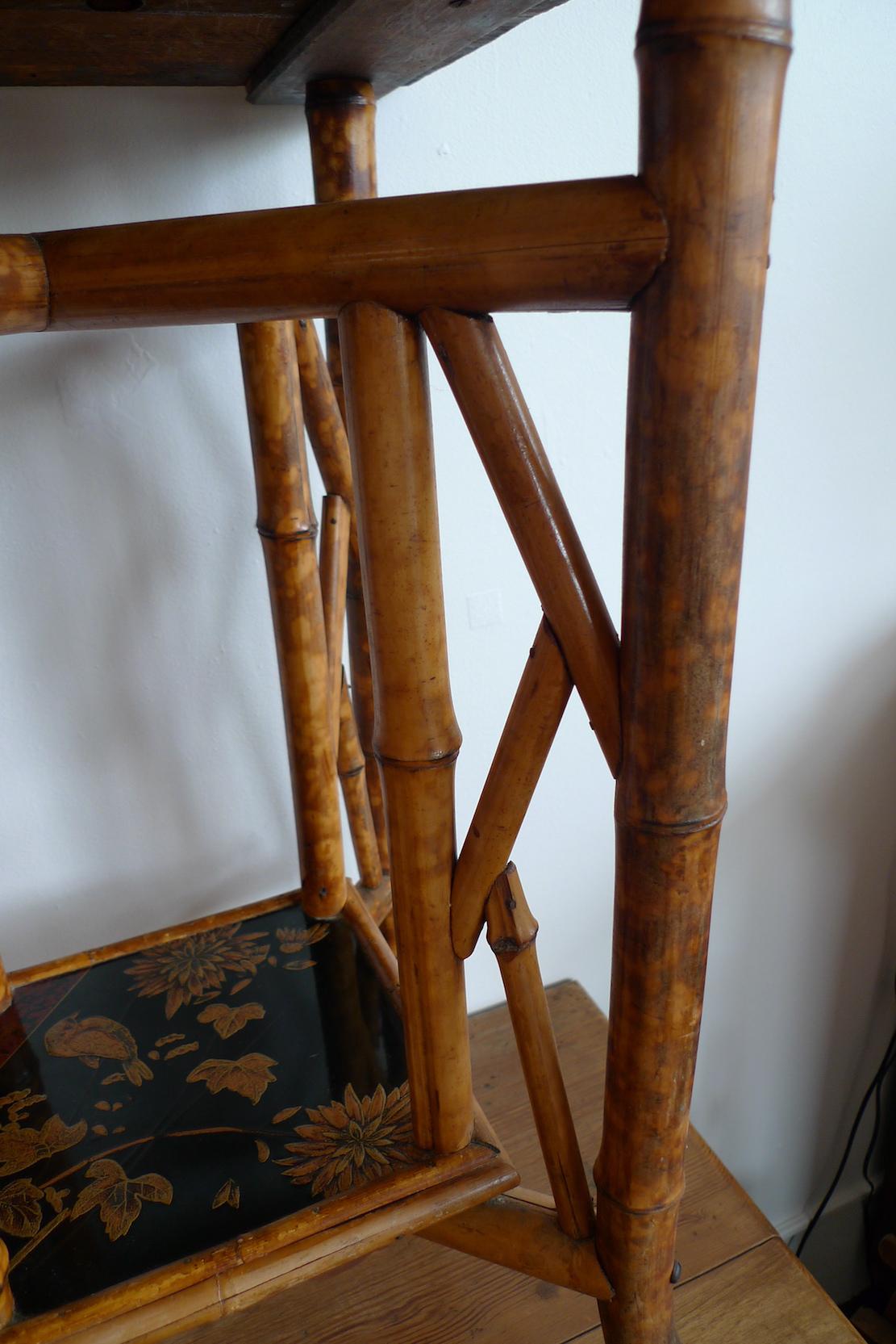 Japanese 1940s Bamboo Side Table with Painted Inlay on Both Table Top Surfaces 1