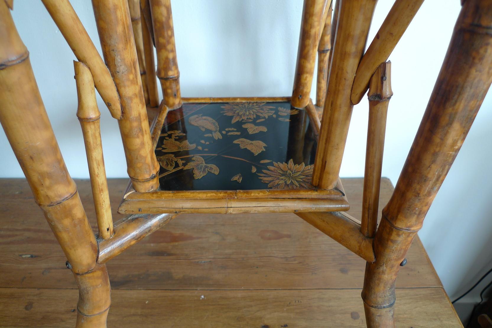 Japanese 1940s Bamboo Side Table with Painted Inlay on Both Table Top Surfaces 3