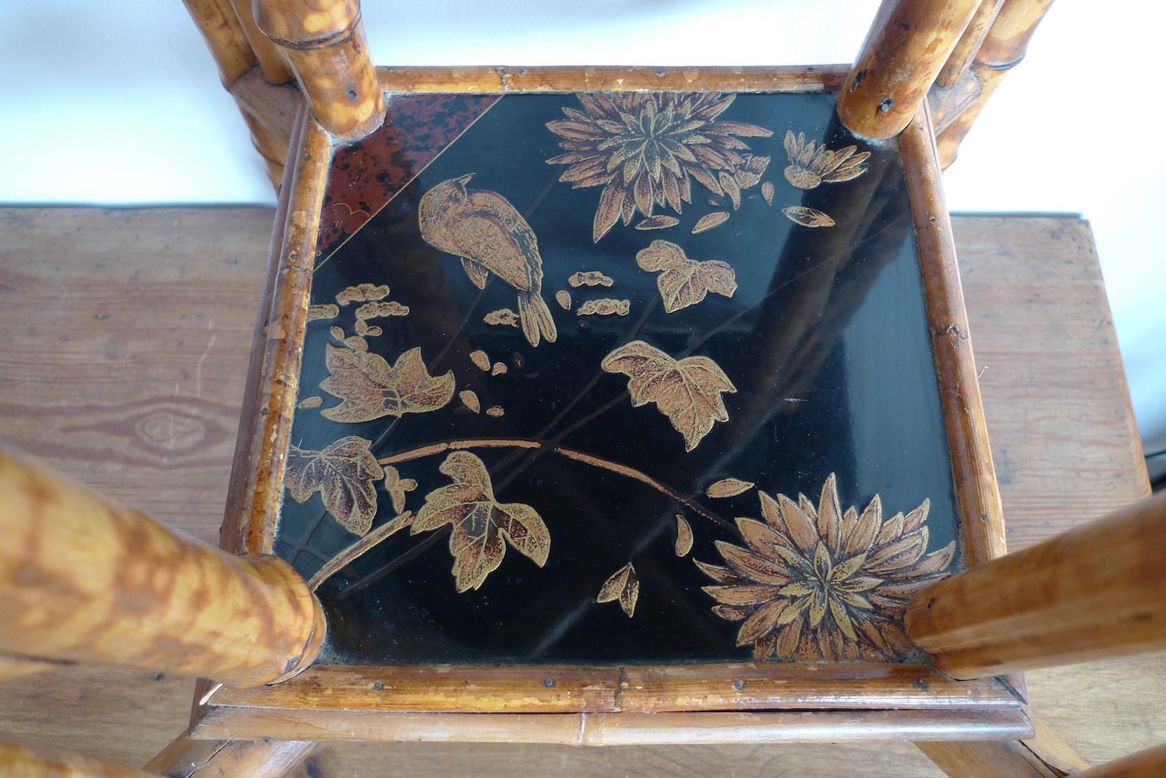 Japanese 1940s Bamboo Side Table with Painted Inlay on Both Table Top Surfaces 4