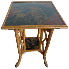 Japanese 1940s Bamboo Side Table with Painted Inlay on Both Table Top Surfaces