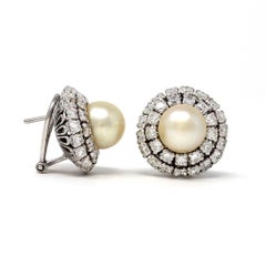 Japanese 1950s Akoya Pearl and Diamond Lever-Back Earrings in 18 Karat Gold