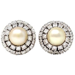 Japanese 1950s Akoya Pearl and Diamond Lever-Back Earrings in 18 Karat Gold