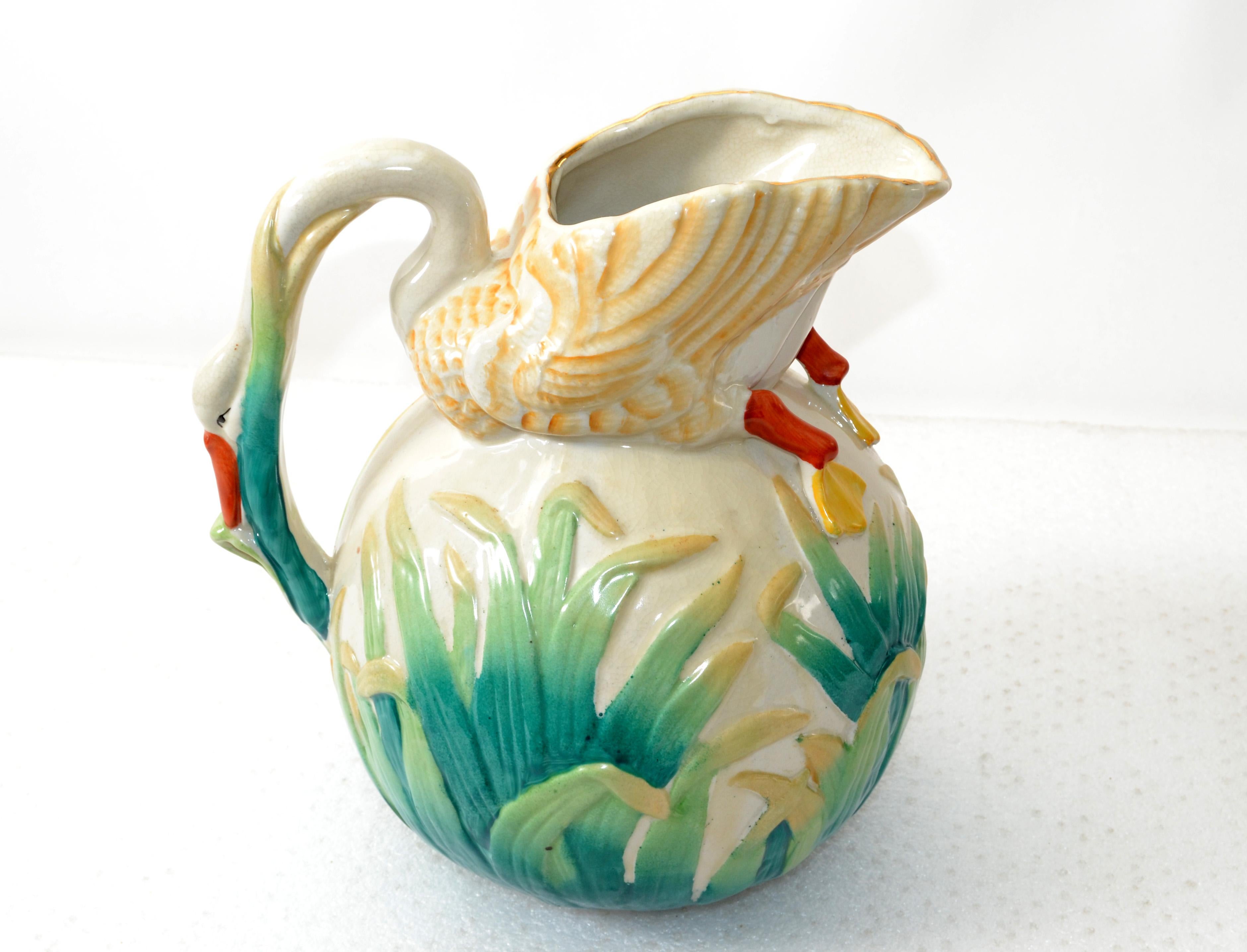 Victorian Japanese 19th Century Antique Hand Painted Ceramic Swan Pitcher Decanter Gold  For Sale