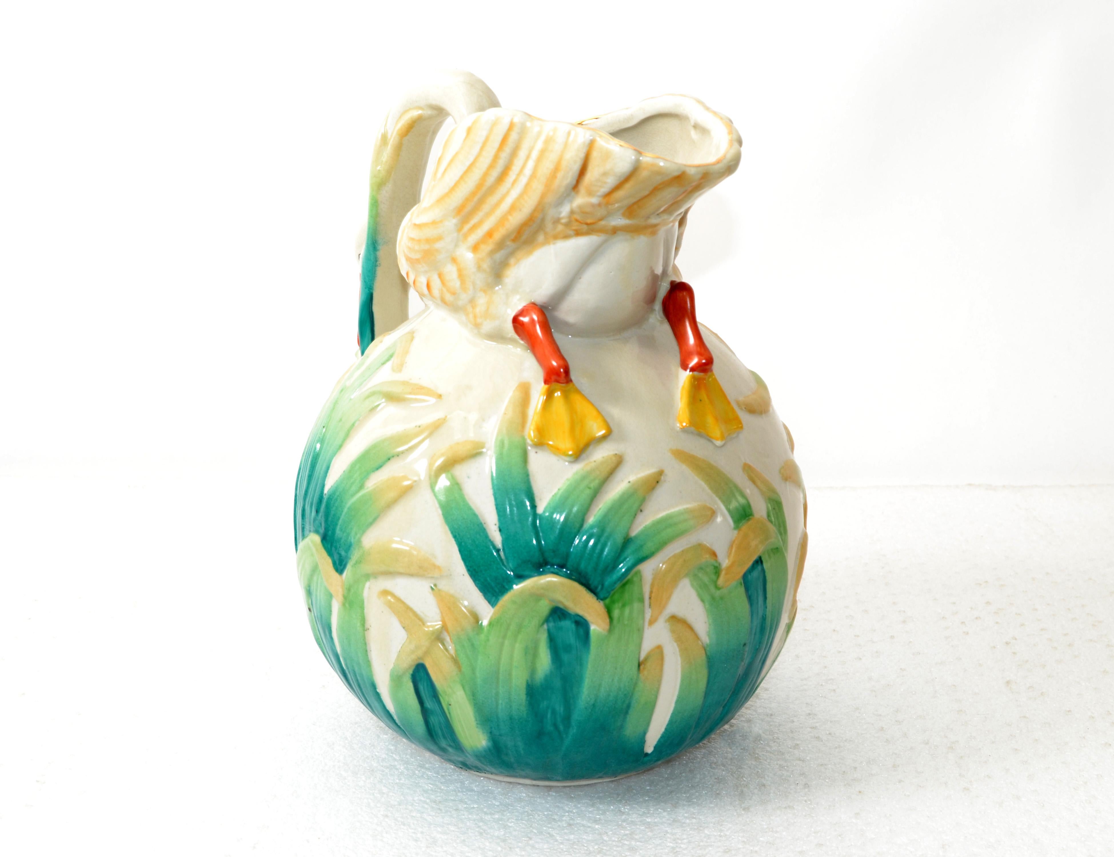 Japanese 19th Century Antique Hand Painted Ceramic Swan Pitcher Decanter Gold  In Good Condition For Sale In Miami, FL