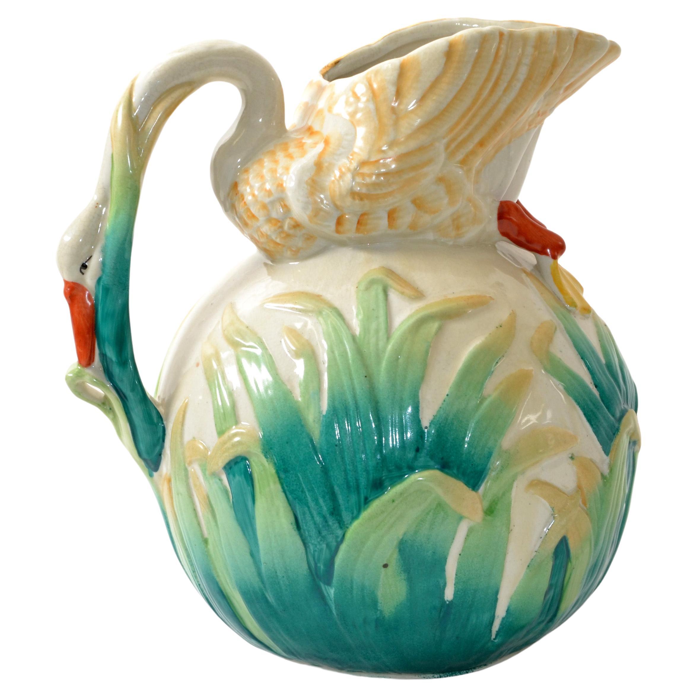 Japanese 19th Century Antique Hand Painted Ceramic Swan Pitcher Decanter Gold 