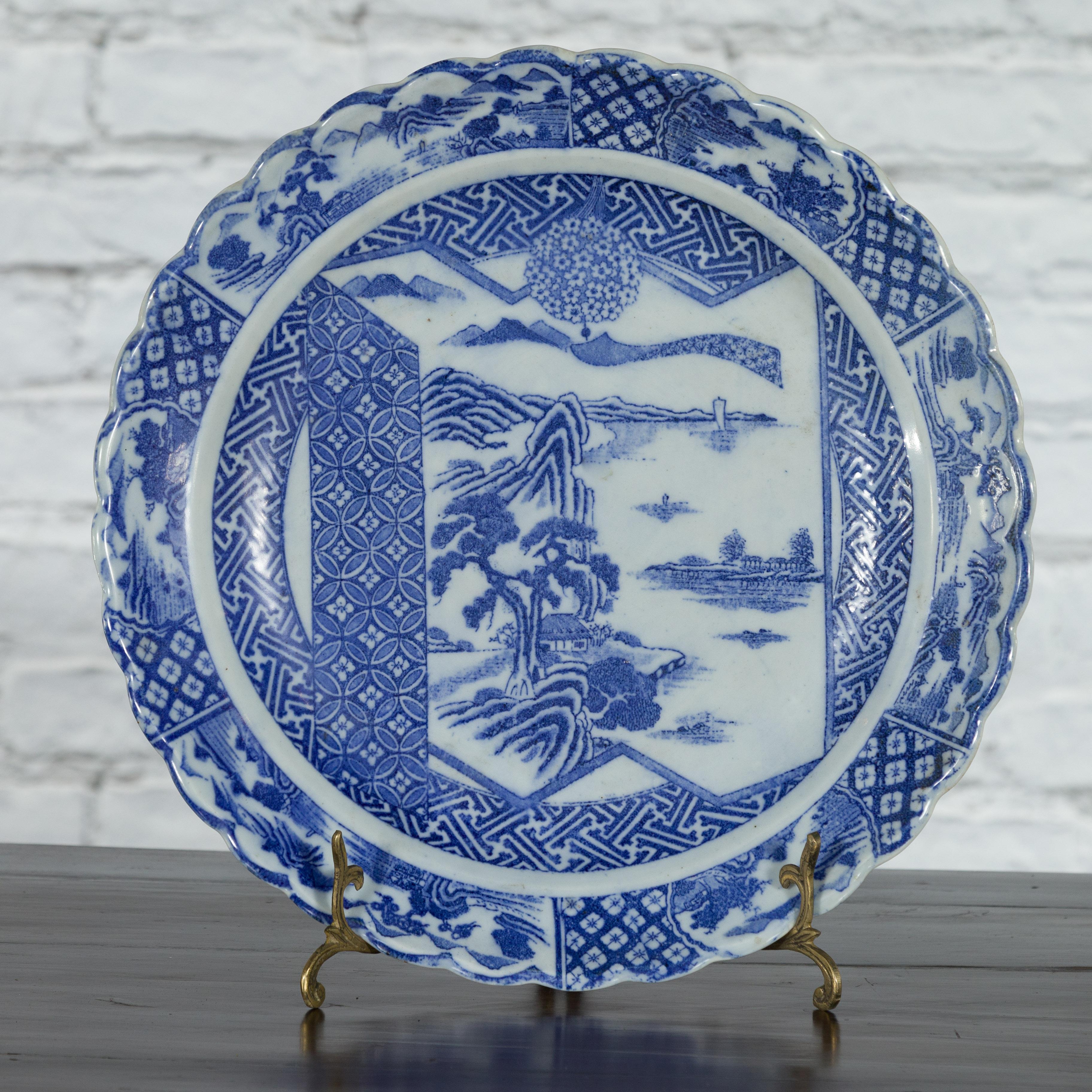 Hand-Painted Japanese 19th Century Blue and White Porcelain Plate with Landscapes and Flowers For Sale