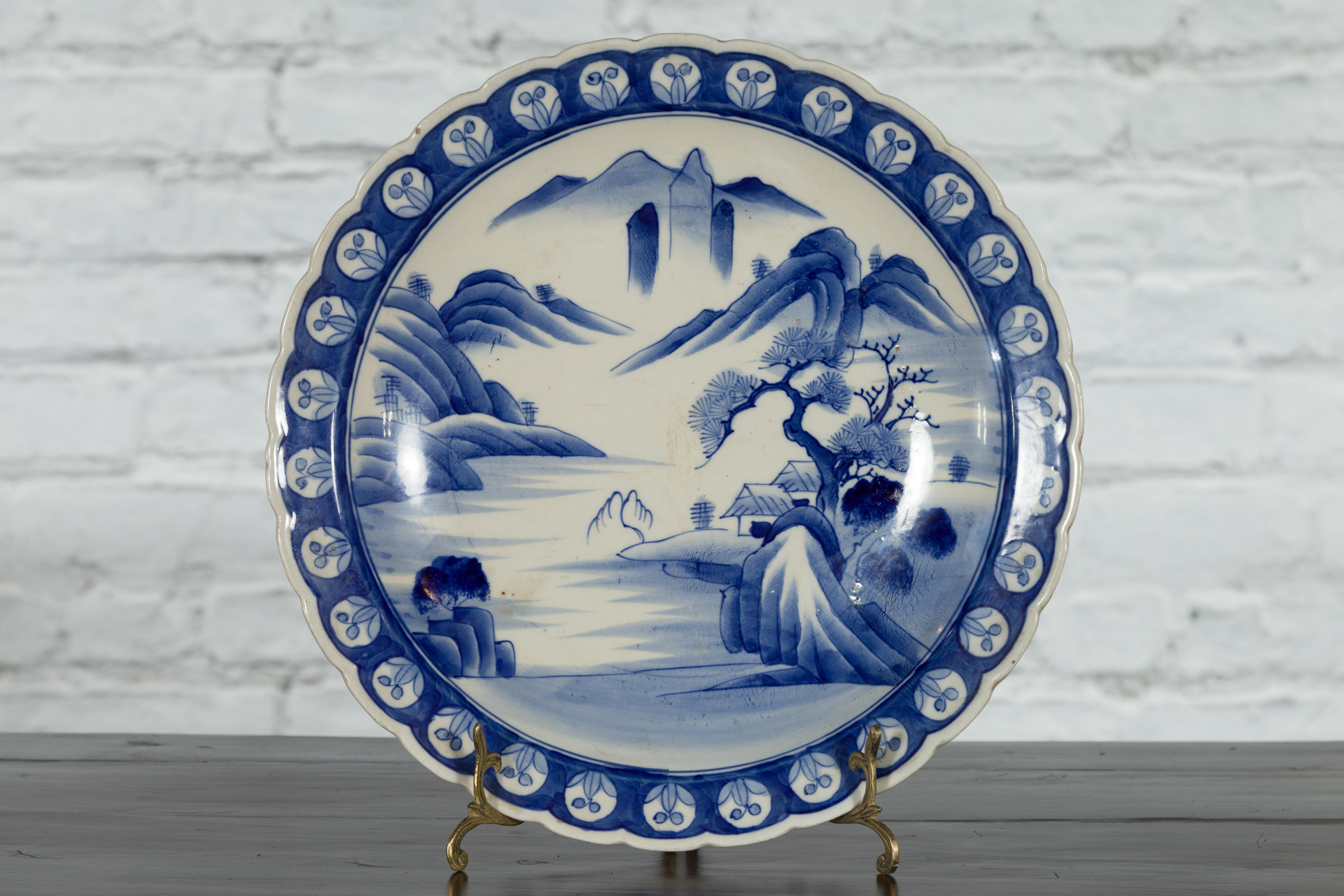 Hand-Painted Japanese 19th Century Blue and White Porcelain Plate with Mountainous Landscape For Sale