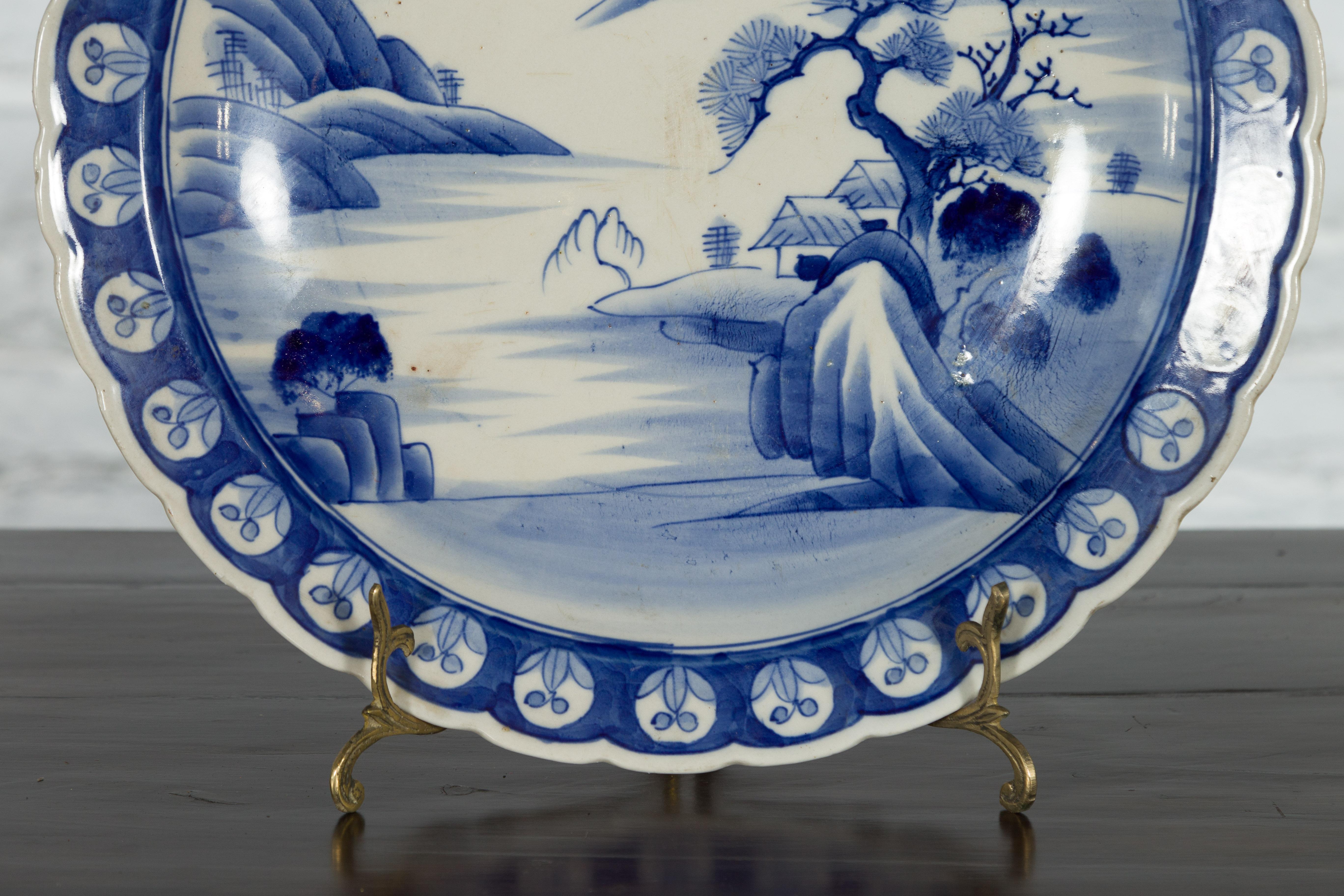 Japanese 19th Century Blue and White Porcelain Plate with Mountainous Landscape For Sale 1