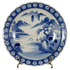 Antique Japanese 19th Century Blue and White Porcelain Plate with Mountainous Landscape