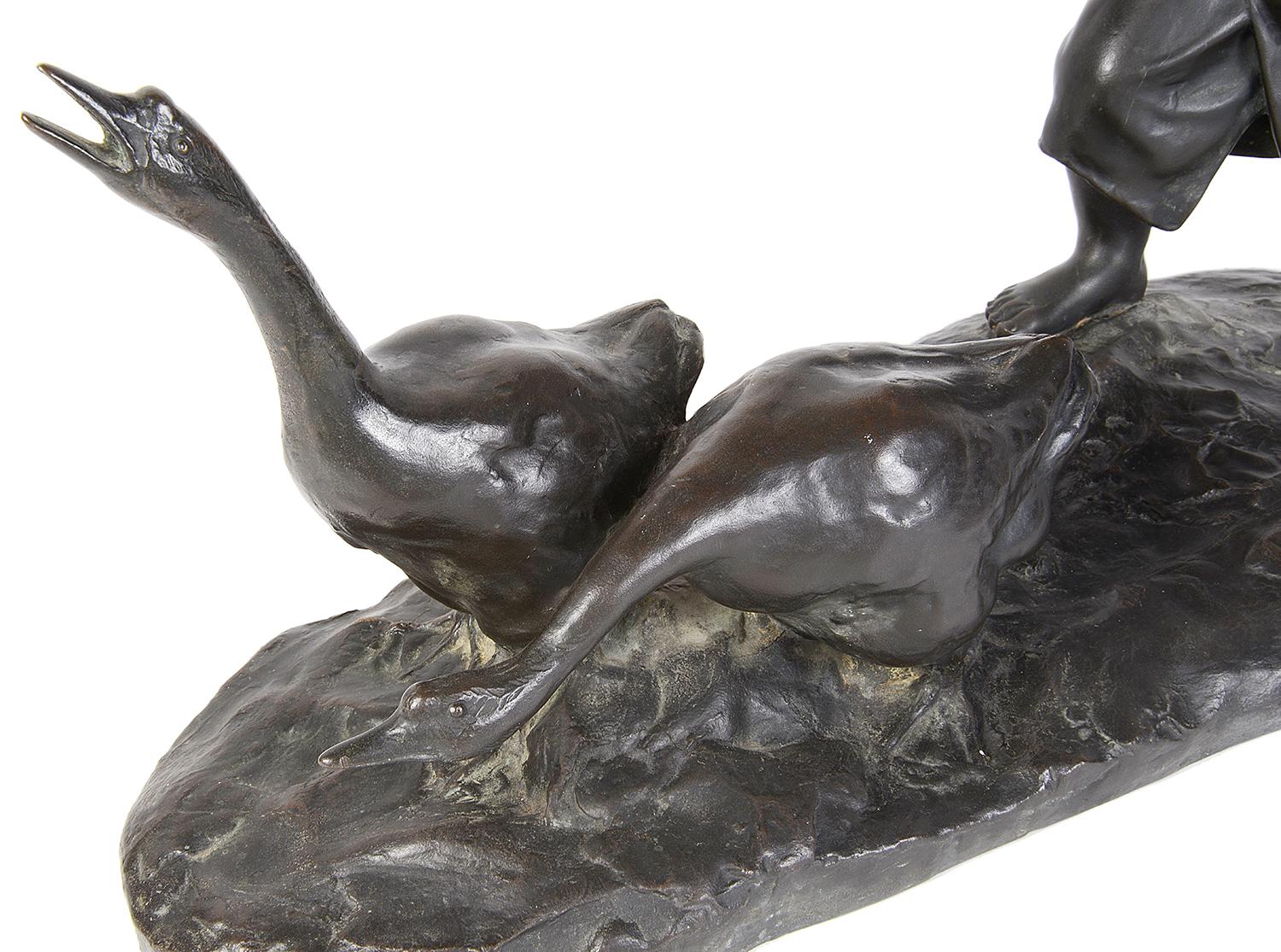 Japanese 19th Century Bronze Study of a Young Boy Chasing Geese In Good Condition For Sale In Brighton, Sussex
