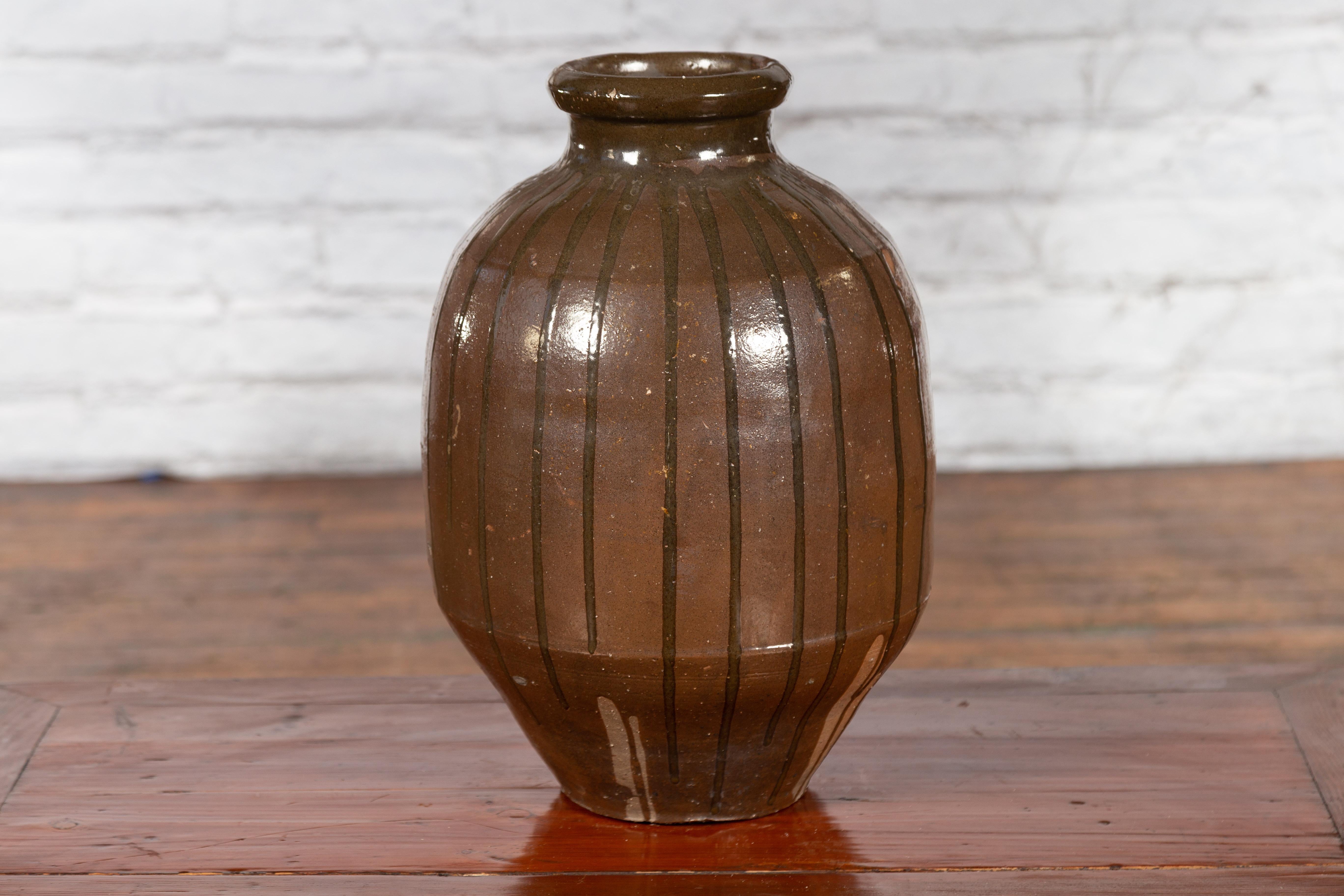 Japanese 19th Century Brown Glazed Tamba Tachikui Ware Pottery with Dripping 1